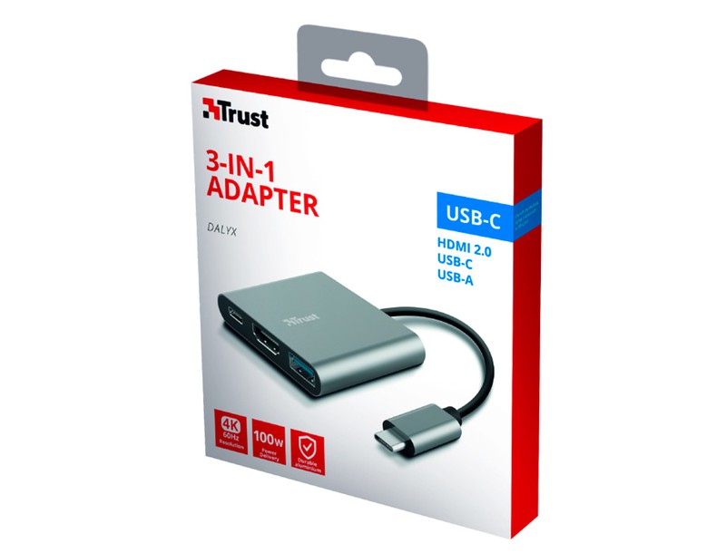 ADAPTADOR TRUST DALYX 3 EN 1 MULTIPUERTO USB-C / USB-A USB-C HDMI 2.0 COLOR  ALUMINIO