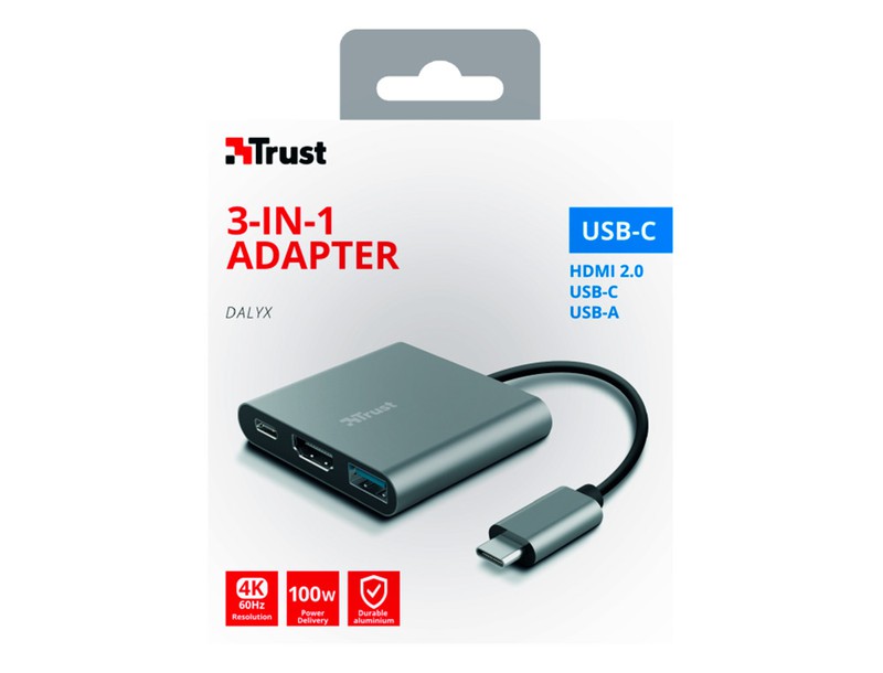 PAUTA, S.L.  ADAPTADOR TRUST DALYX 3 EN 1 MULTIPUERTO USB-C / USB-A USB-C  HDMI 2.0 COLOR ALUMINIO