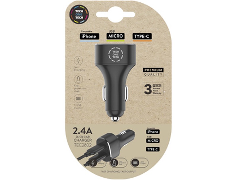 Cargador Tech One Tech 2.4 Coche Mechero Doble Para Iphone / Usb Micro /  Type-C Color Negro — Firpack