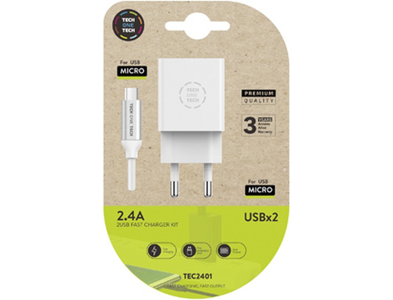Cargador Tech One Tech 2.4 Doble Usb + Cable Braided Nylon Micro Usb Android  Longitud 1 Mt Color Blanco — Firpack