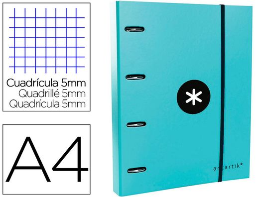 Carpeta Con Recambio Y Solapa Liderpapel Antartik A4 Cuadro 5mm Forrada 4 Anillas Redondas 40mm Color Menta