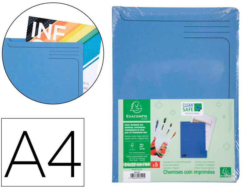 Carpeta Dossier Uñero Exacompta Clean Safe Cartulina 400 Gr Din A4 Azul  Paquete De 5 Unidades — Firpack