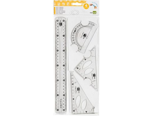 Juego Escuadra 10 Cm Cartabon 14 Cm Regla 30 Cm Y Semicirc. Plastico Flexible En Petaca Liderpapel Transparente