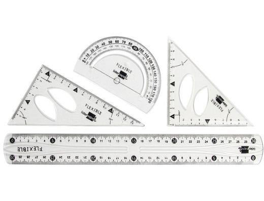 Juego Escuadra 10 Cm Cartabon 14 Cm Regla 30 Cm Y Semicirc. Plastico Flexible En Petaca Liderpapel Transparente