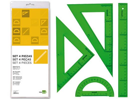 Juego Escuadra Cartabon Regla 30 Cm Y Semicirculo En Petaca Liderpapel Verde