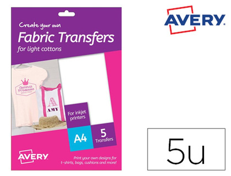 Ahís Distribuciones Castellón  PAPEL TRANSFER AVERY PARA CAMISETAS ALGODON  COLORES OSCUROS INK-JET DIN A4 PACK DE 4 HOJAS